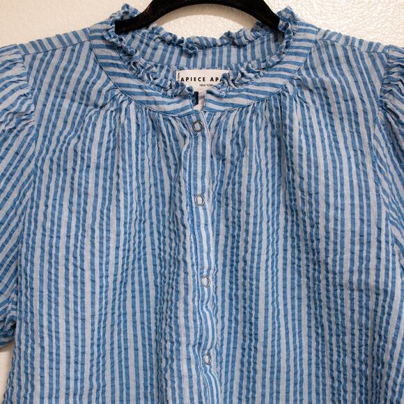 Apiece Apart Los Altos Top Blue Seersucker Stripe Puff Sleeve Henley SZ M - Picture 5 of 7